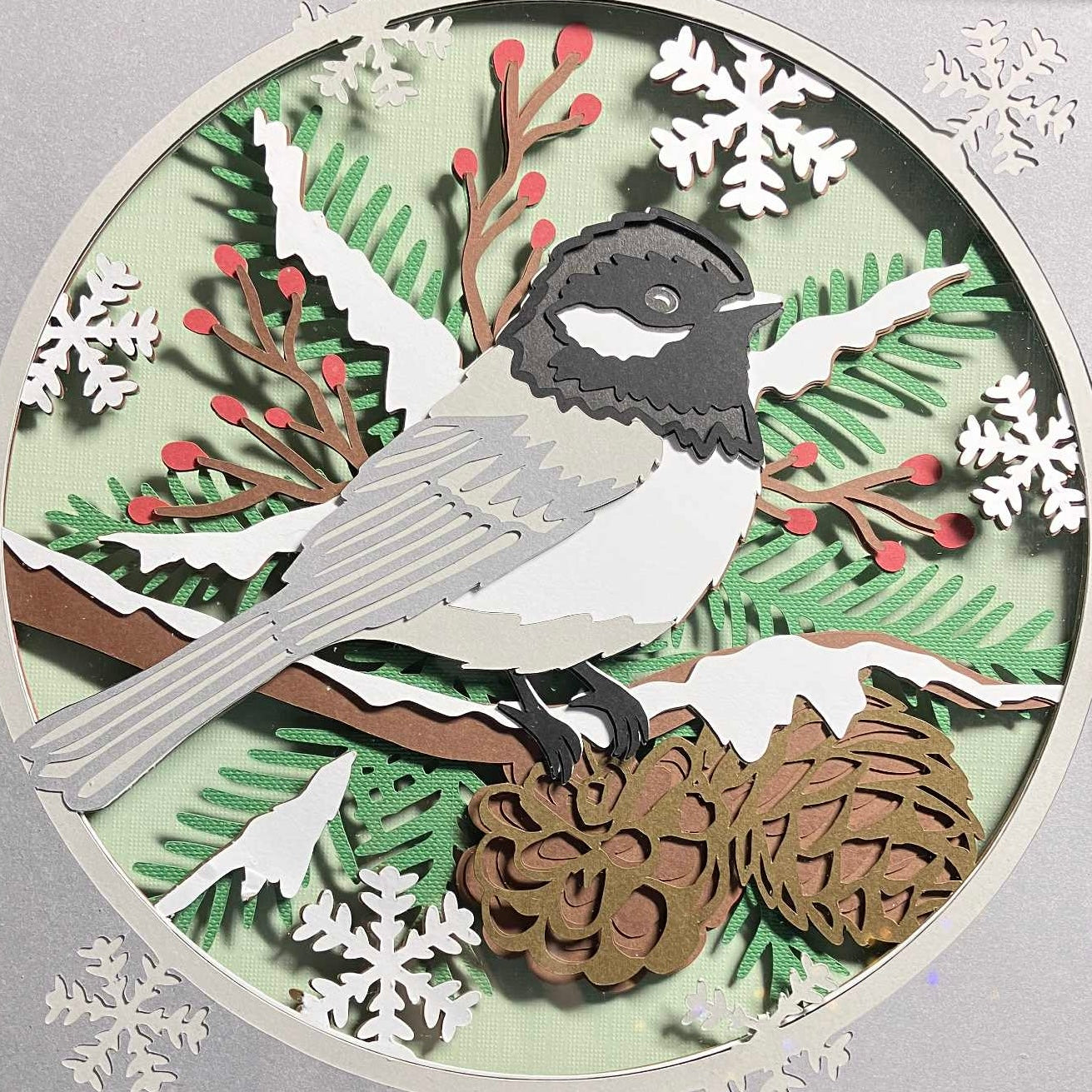 Winter Chickadee, Layered Shadow Box, close up