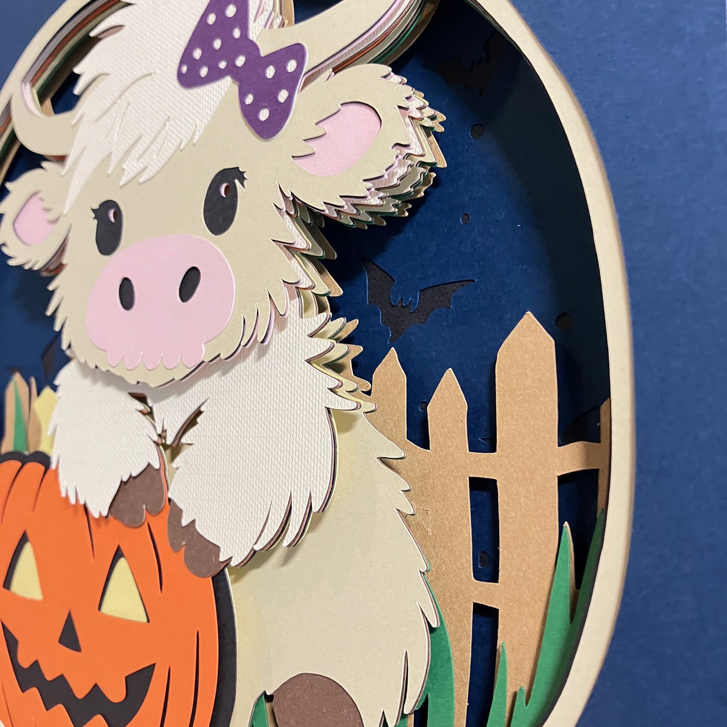 Halloween Highland Cow with Pumpkin, Layered Shadow Box