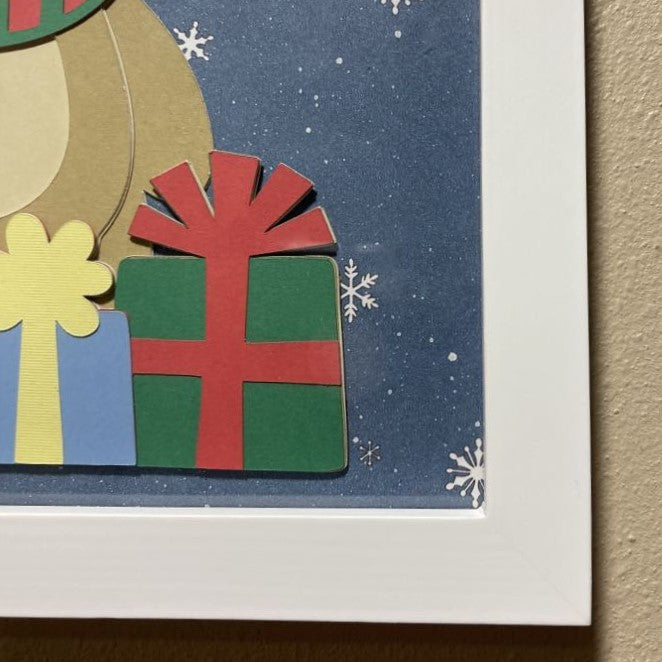 Christmas teddy bear, framed 8"x8", corner