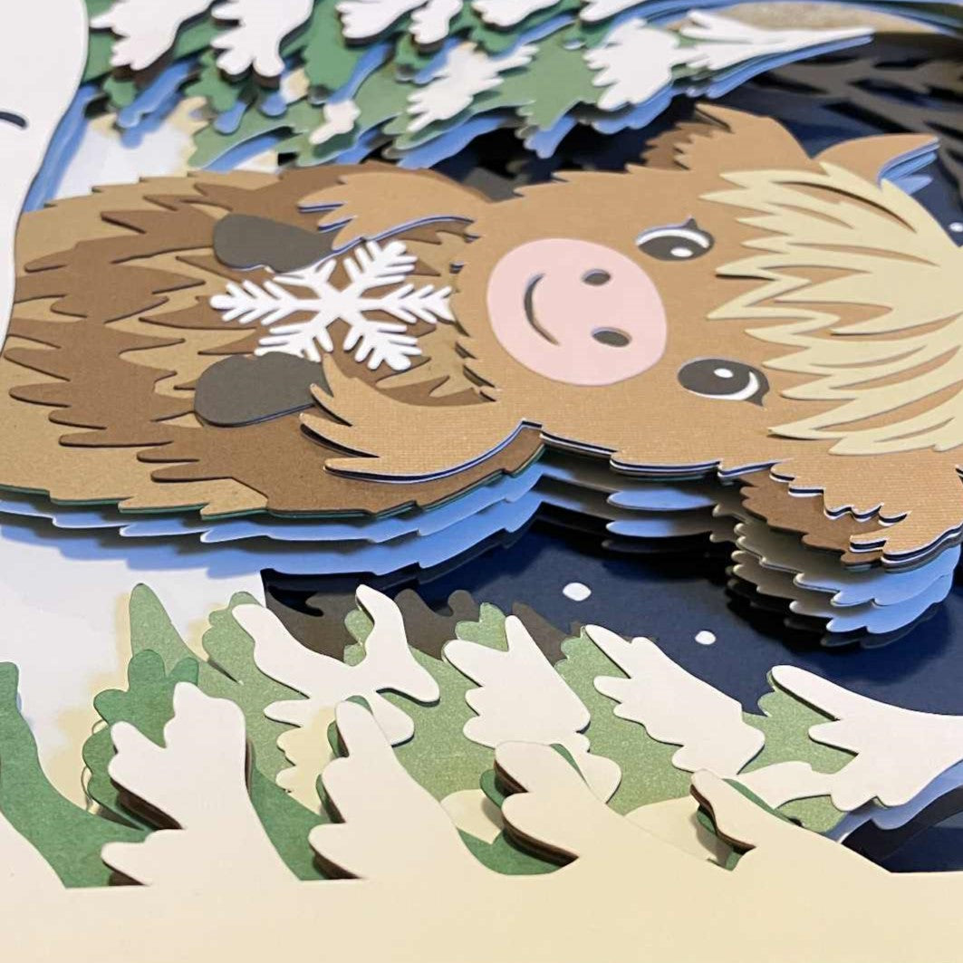 Winter Highland Cow, Let it Snow, Layered Shadow Box, angled view to show spacers