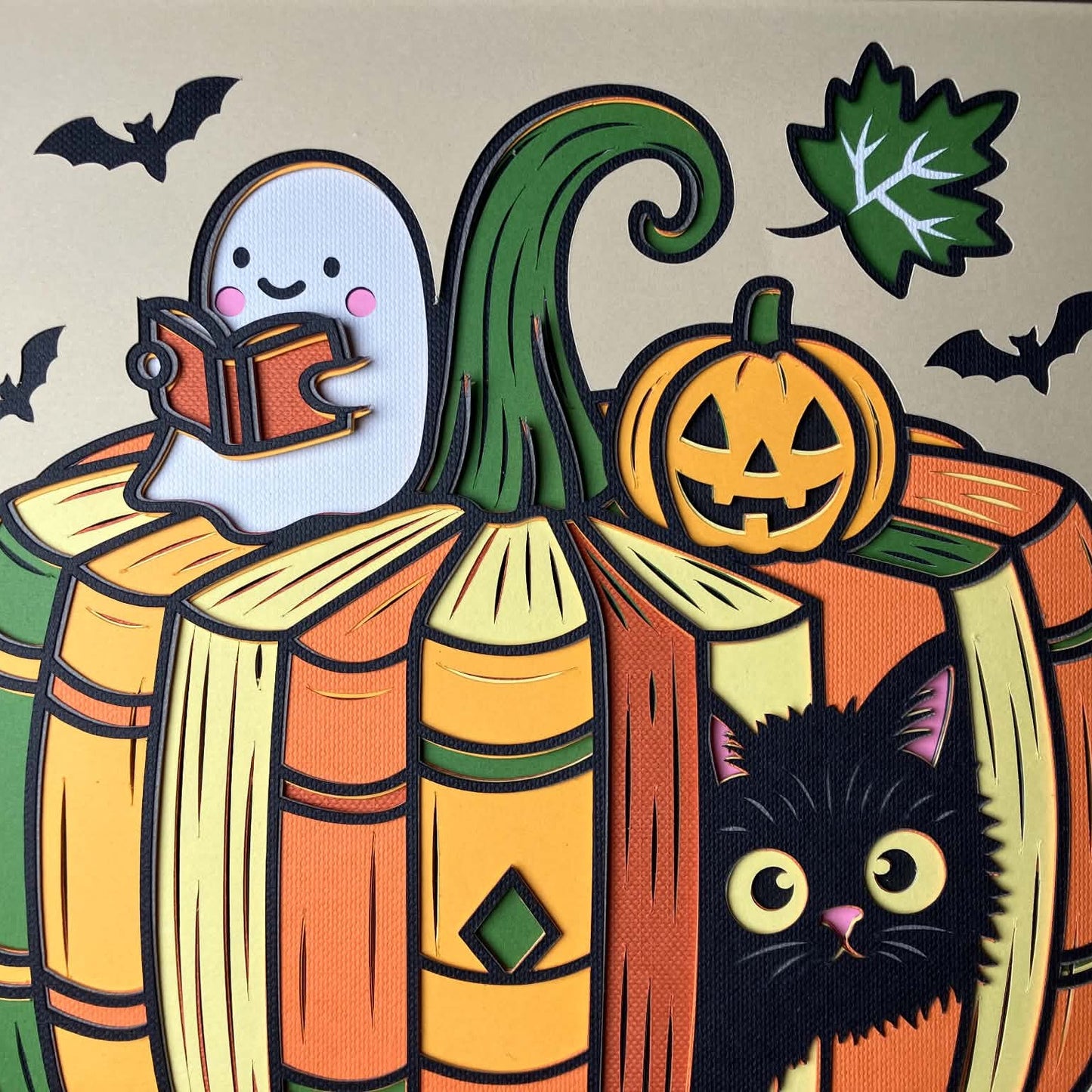 Book Pumpkin with Ghost, Layered Art Shadow Box close up