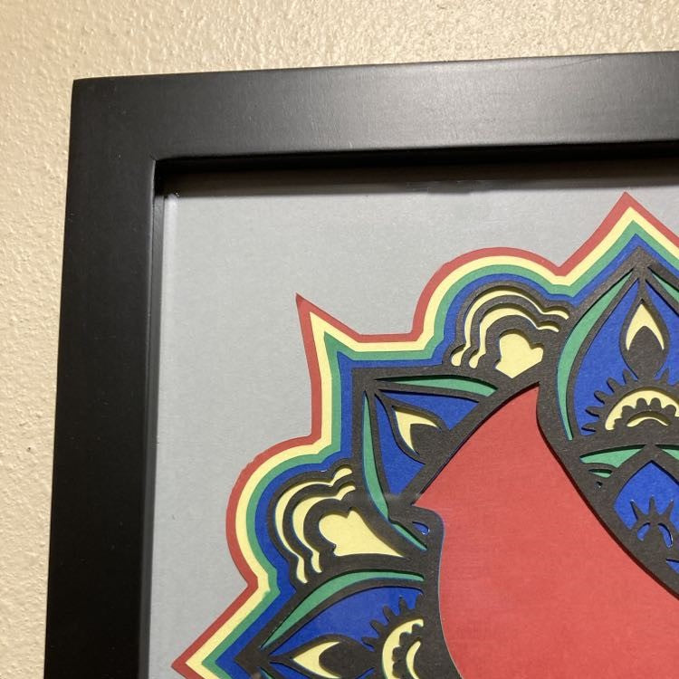 Cardinal Mandala, 8x8 layered art, close up