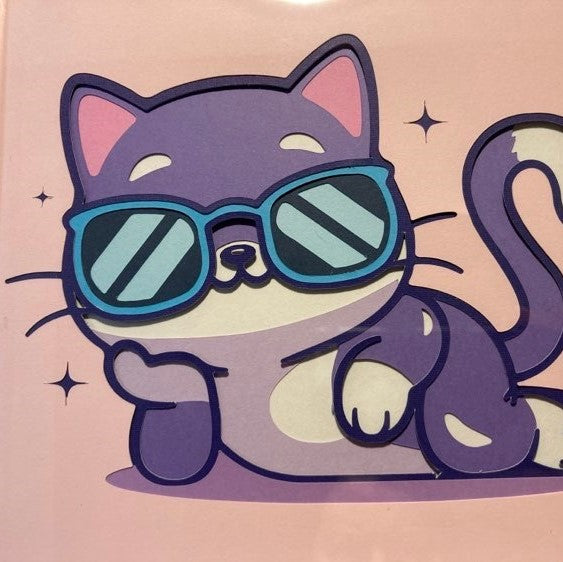 Cool Kitty Cat Layered Art, framed 8"x8", close up