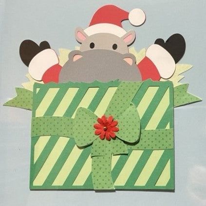 Santa Hippo in Christmas Present, 8x8 layered art, close up