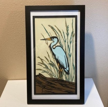 Blue Heron, Framed 8"x14" Layered Art, free standing