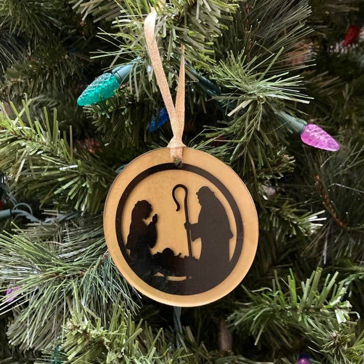 3.5" Acrylic Round Christmas Ornaments, Nativity (black & gold)
