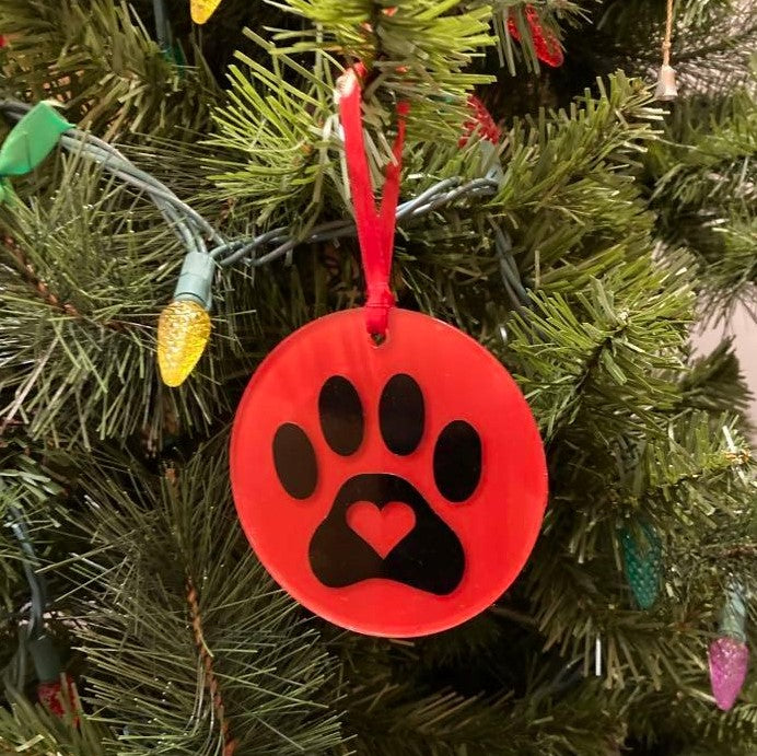 3.5" Acrylic Round Christmas Ornaments, Paw print (black & red)