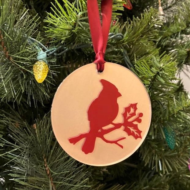 3.5" Acrylic Round Christmas Ornaments, Cardinal (red & silver)