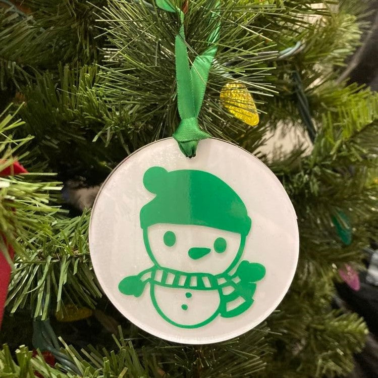 3.5" Acrylic Round Christmas Ornaments, Snowman (green & white)