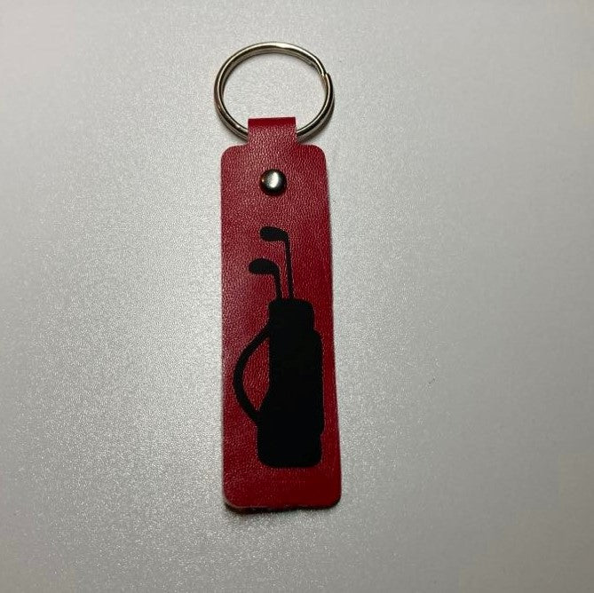 Faux Leather sports themed key fobs, golf bag red/black