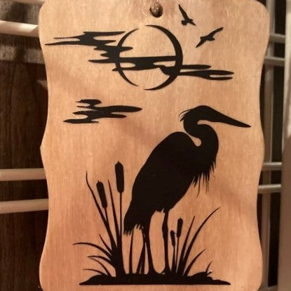 Small Hanging Heron Scene, wood, close up
