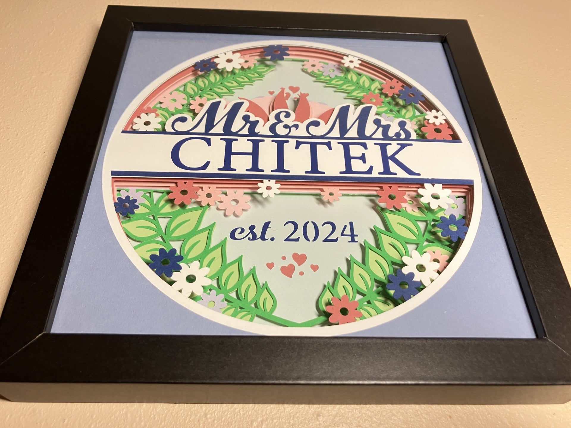 Personalized Wedding or Anniversary Layered Art Shadow Box, Multiple Options, angle view