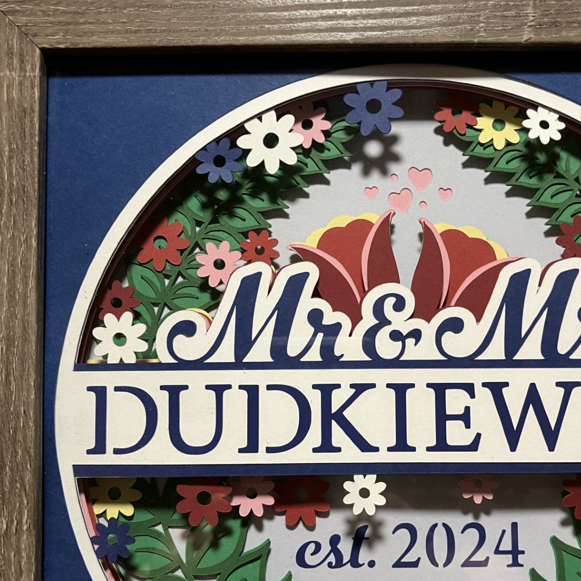 Personalized Wedding or Anniversary Layered Art Shadow Box, Multiple Options, close up, bright and bold colors