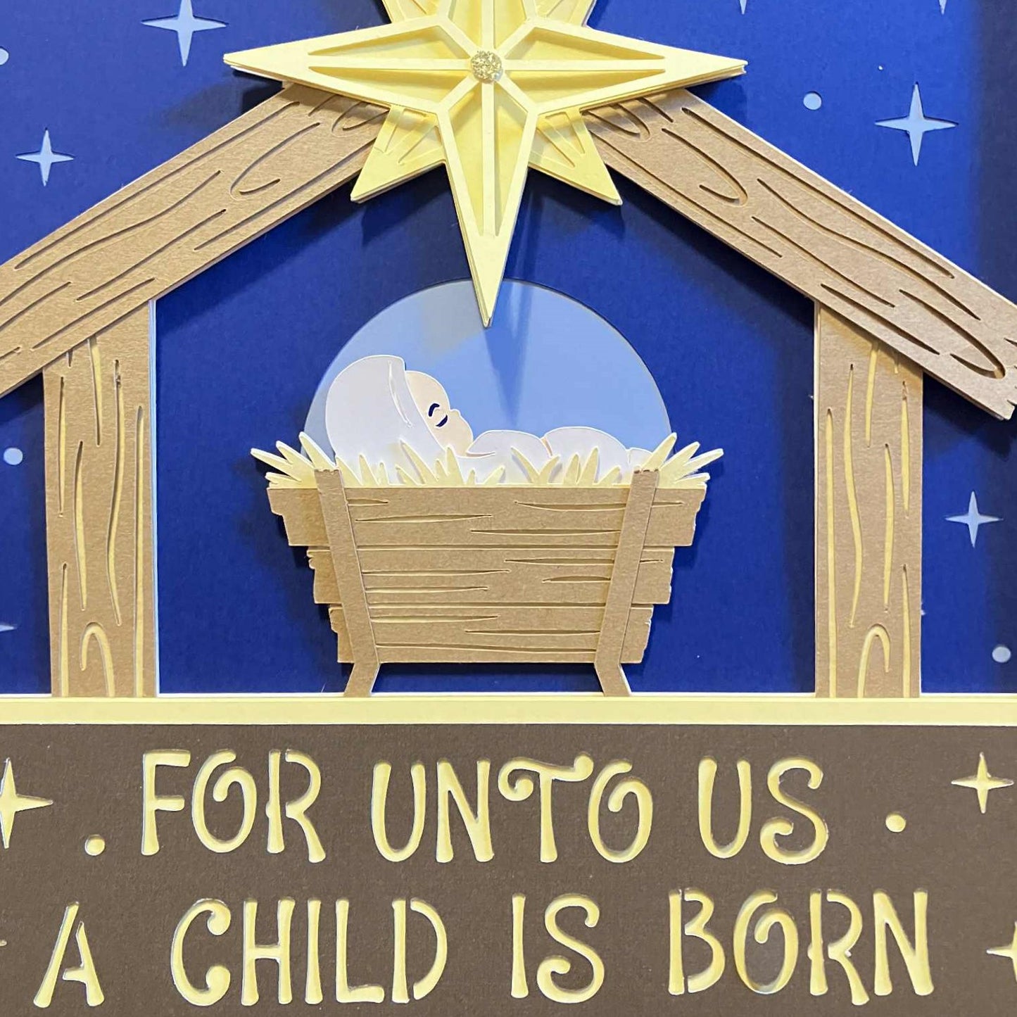 For Unto Us A Child Is Born, Layered Art Shadow Box, close up