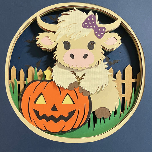 Halloween Highland Cow with Pumpkin, Layered Shadow Box