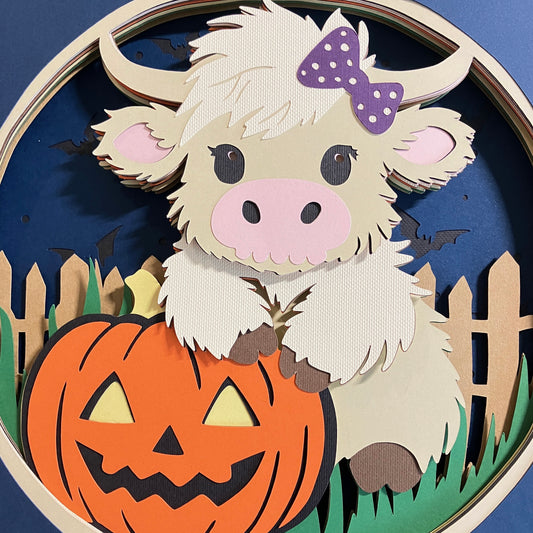 Halloween Highland Cow with Pumpkin, Layered Shadow Box