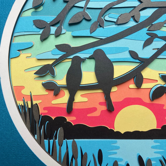 Sunset with Love Birds, Layered Shadow Box