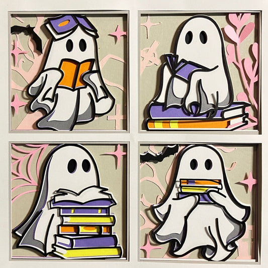 Four cartoon ghosts reading books with decorative frames on a beige background