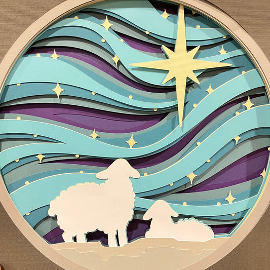 O Holy Night, Sheep with North Star and night sky - Layered Art Shadow Box