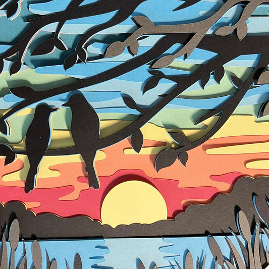 Sunset with Love Birds, Layered Shadow Box