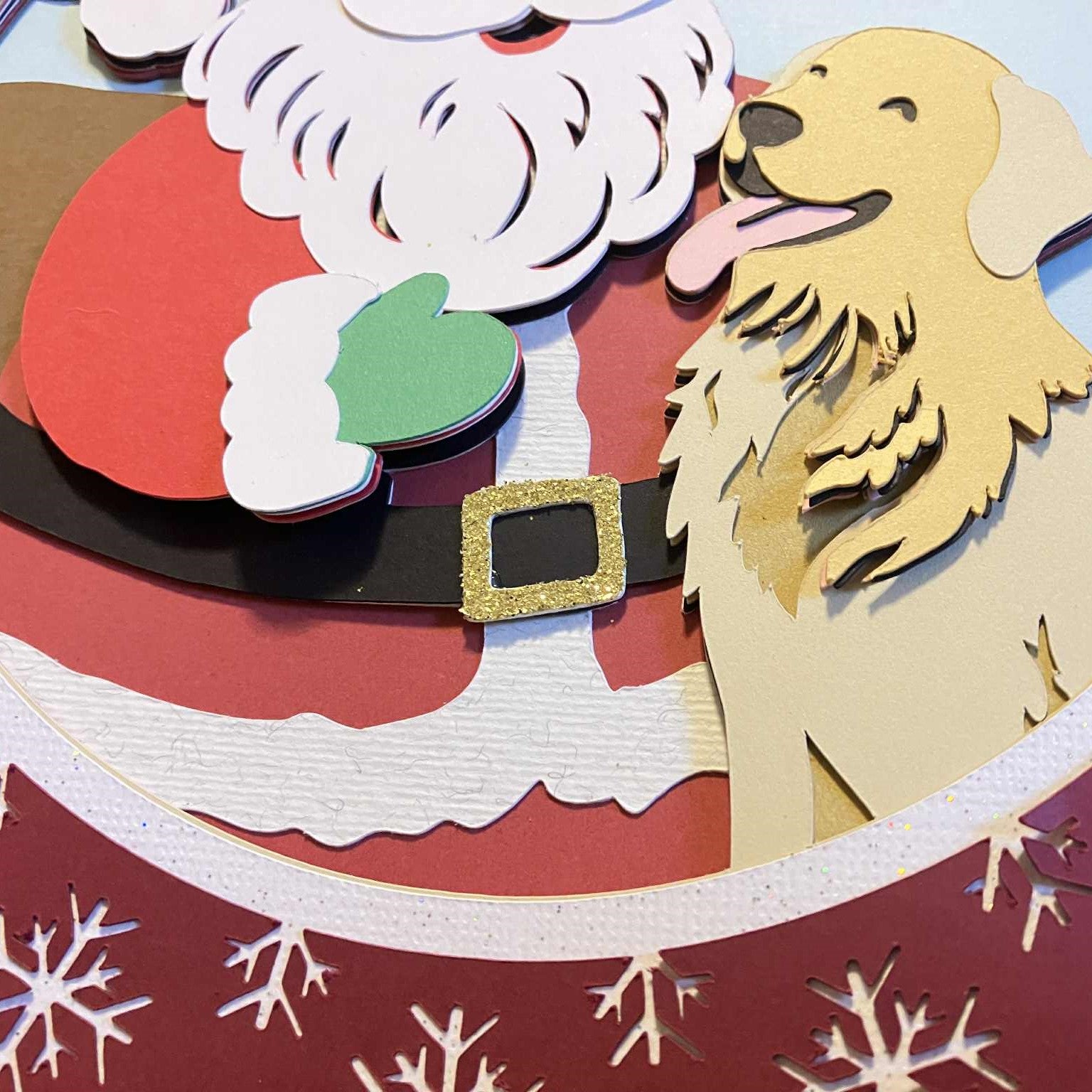 Santa with Dog - Layered Art Shadow Box, close up

