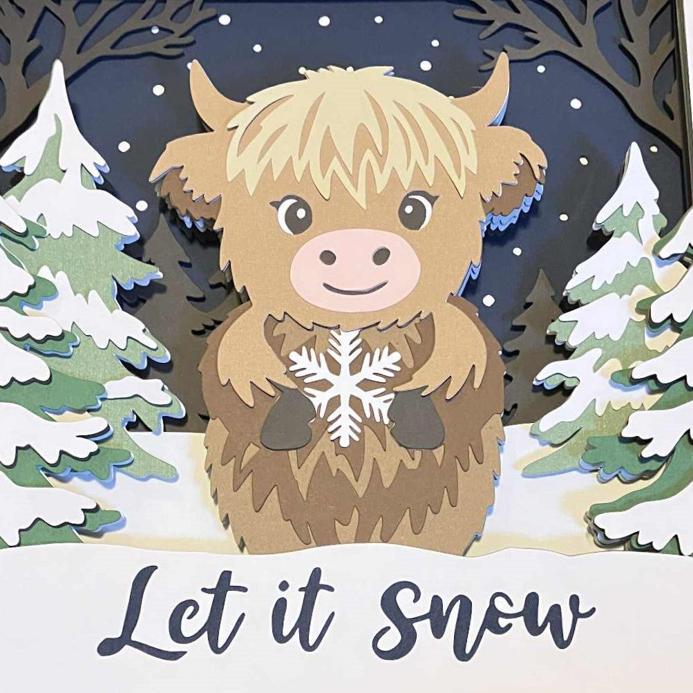Winter Highland Cow, Let it Snow, Layered Shadow Box close up