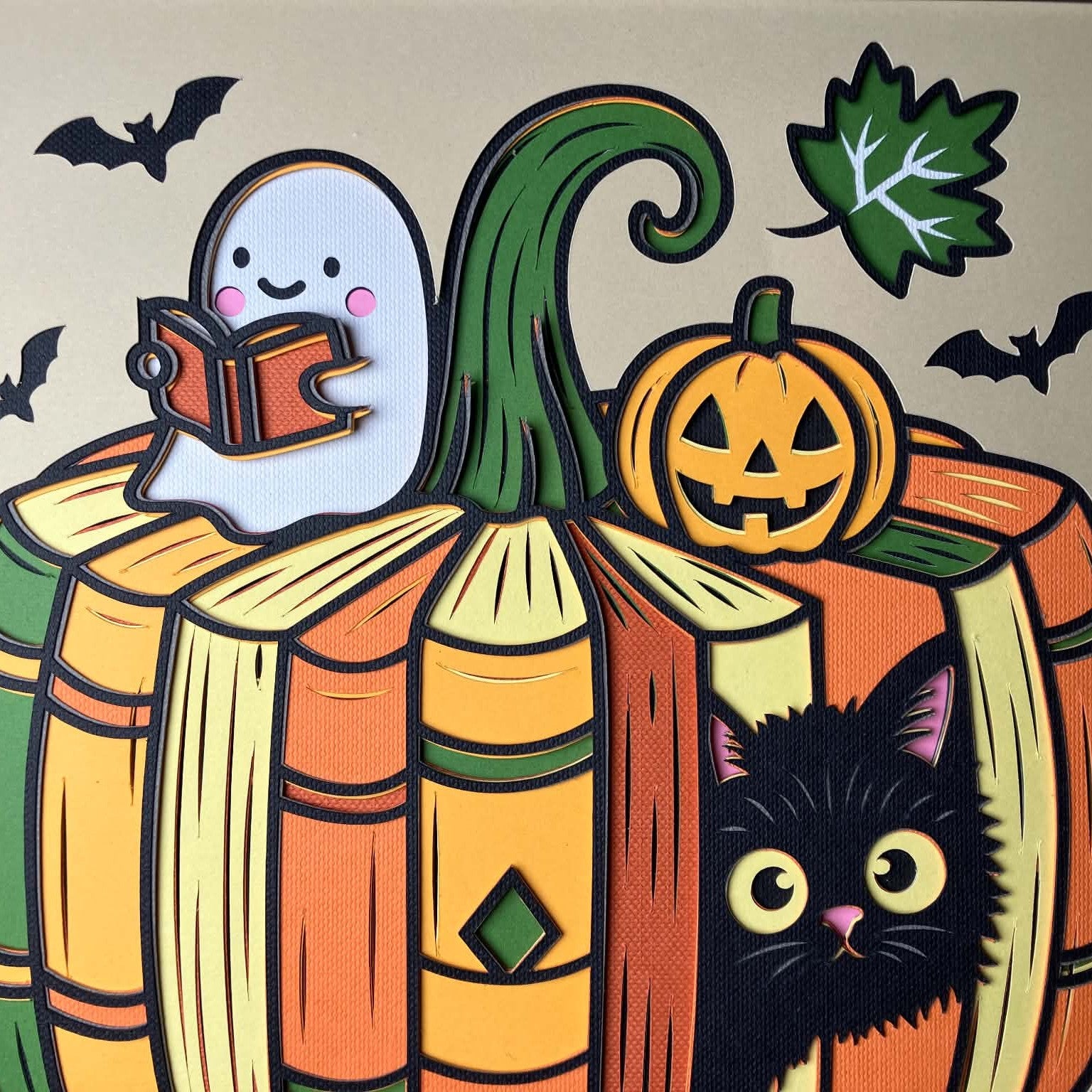 Book Pumpkin with Ghost, Layered Art Shadow Box close up