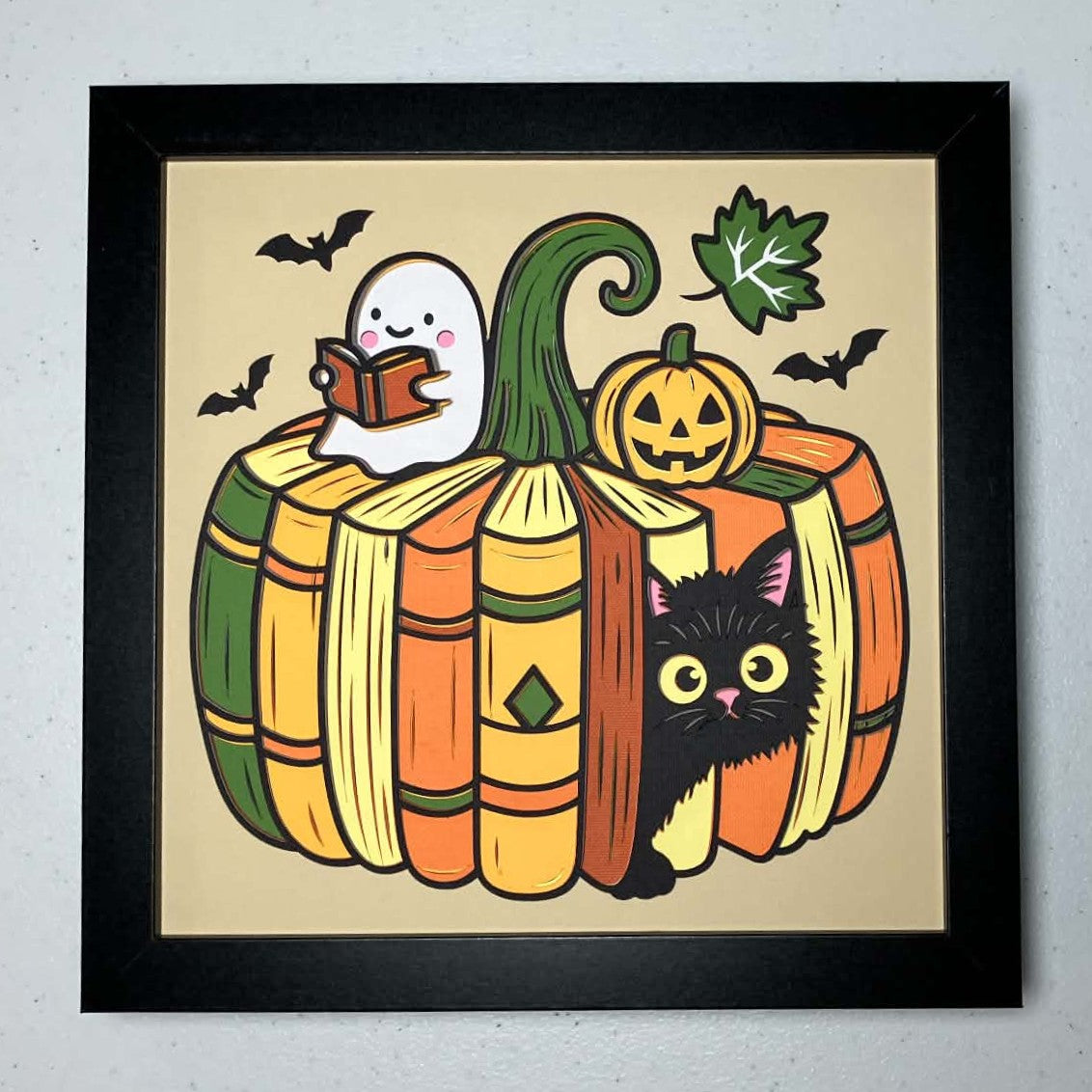 Book Pumpkin with Ghost, Layered Art Shadow Box