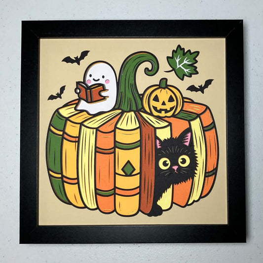 Book Pumpkin with Ghost, Layered Art Shadow Box