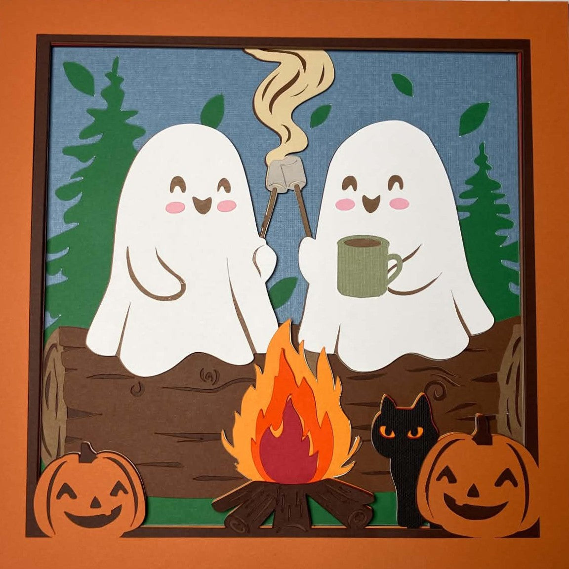 Campfire Ghosts, Layered Art Shadow Box, close up