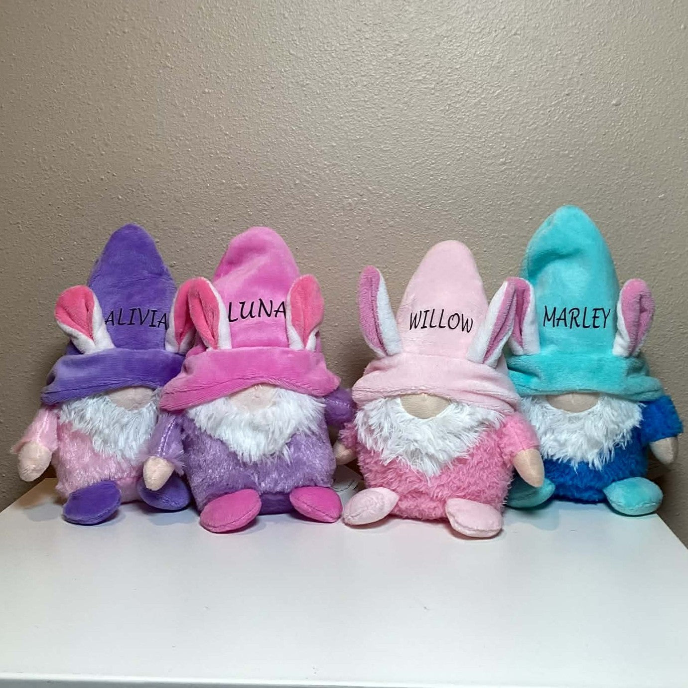 Personalized gnomes with bunny ears, multiple colors