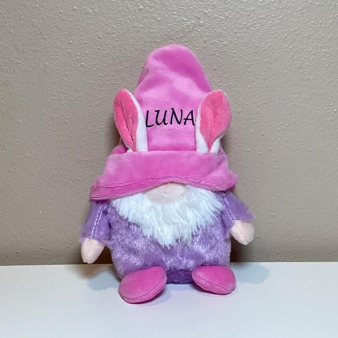 Personalized gnomes with bunny ears, pink and purple, name