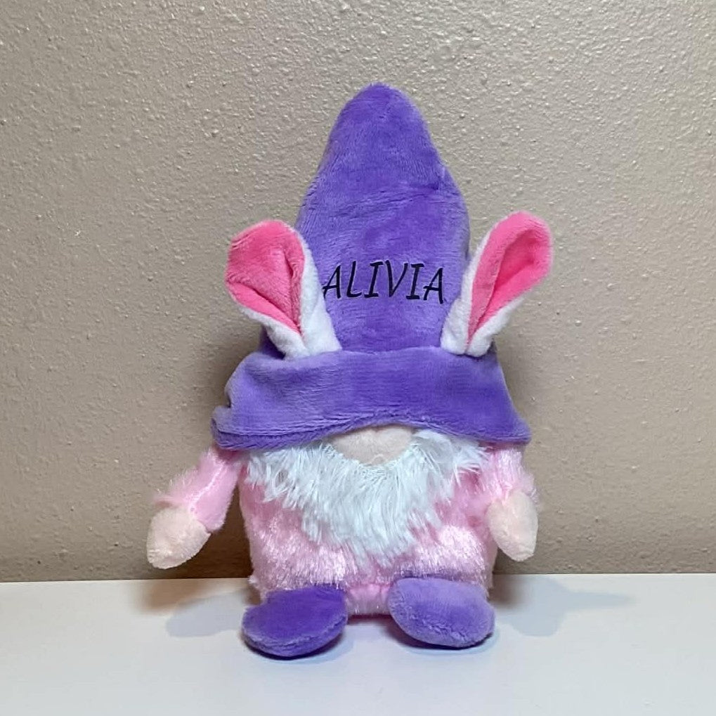 Personalized gnomes with bunny ears, purple and pink, name