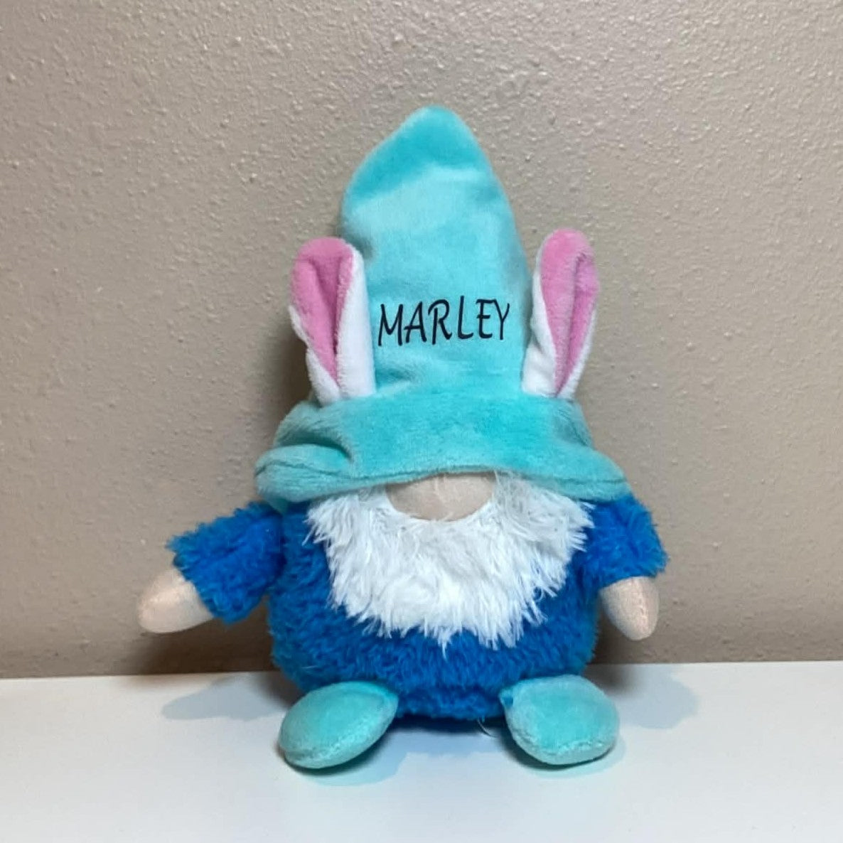 Personalized gnomes with bunny ears, blue and teal with name