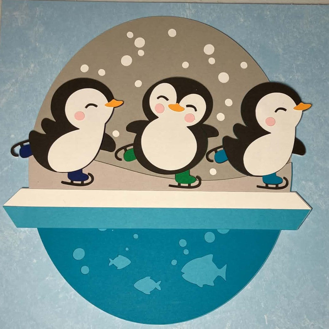 Ice Skating Penguins, 8x8, Layered Art