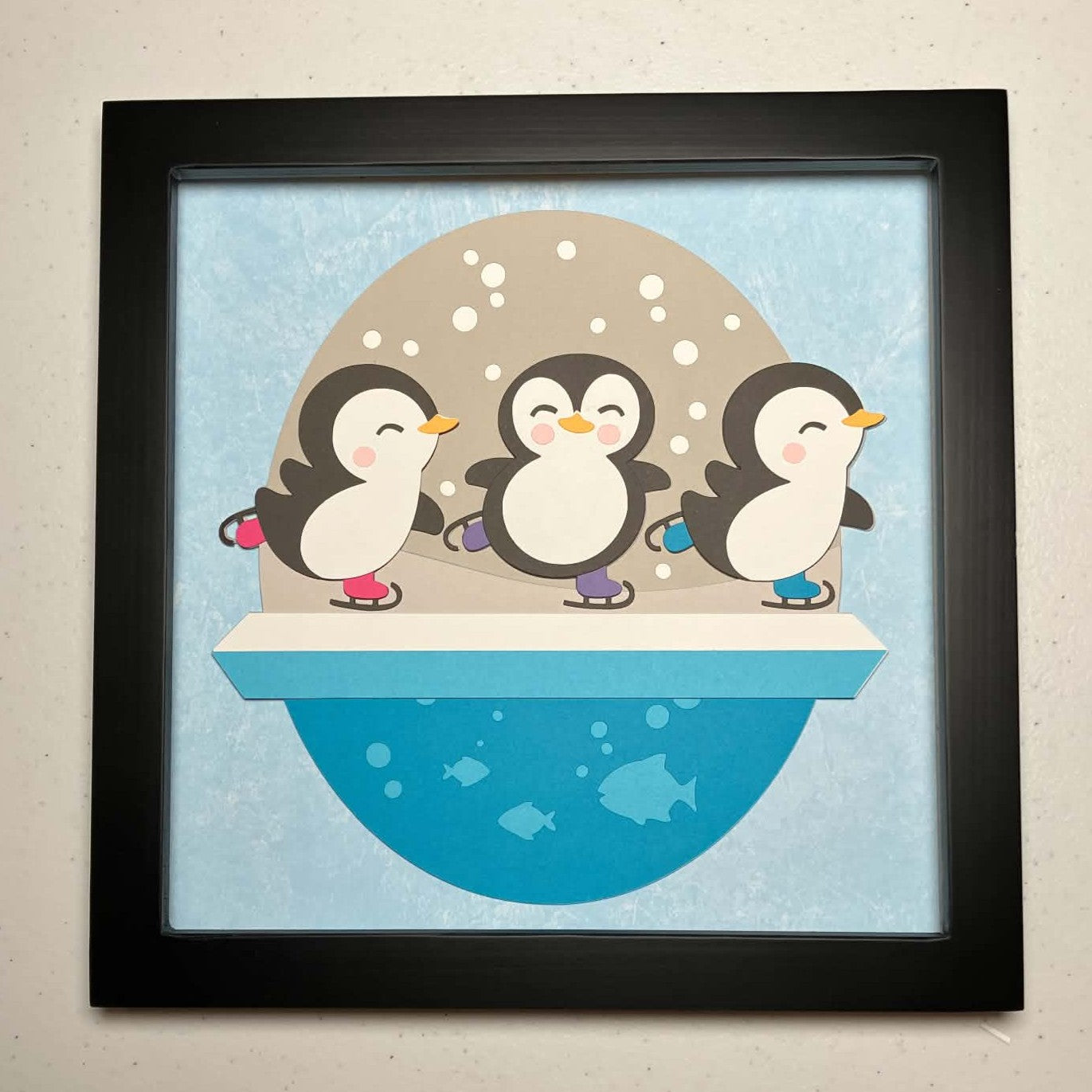 Ice Skating Penguins, 8x8, Layered Art