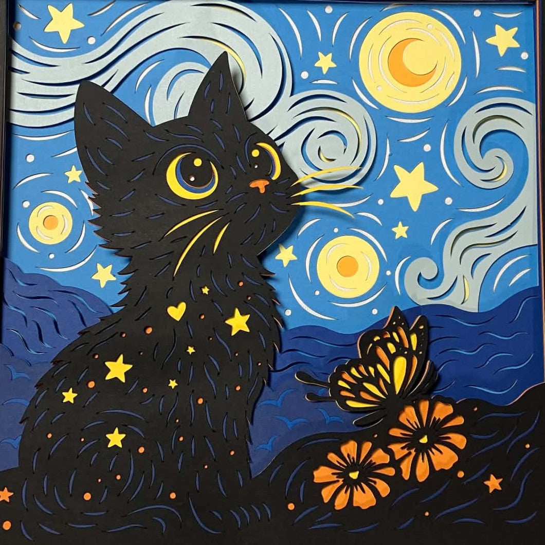 Starry Night Cat, Layered Shadow Box, close up
