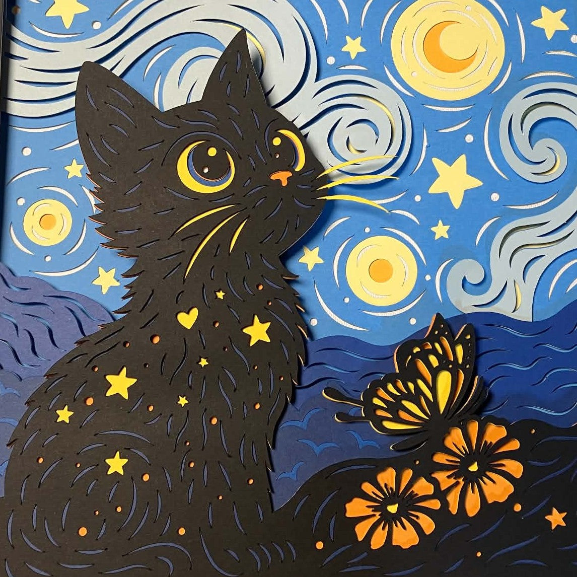 Starry Night Cat, Layered Shadow Box, close up