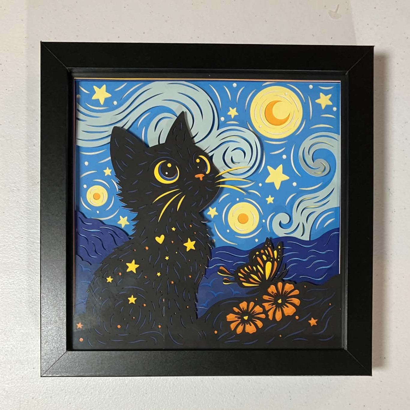Starry Night Cat, Layered Shadow Box