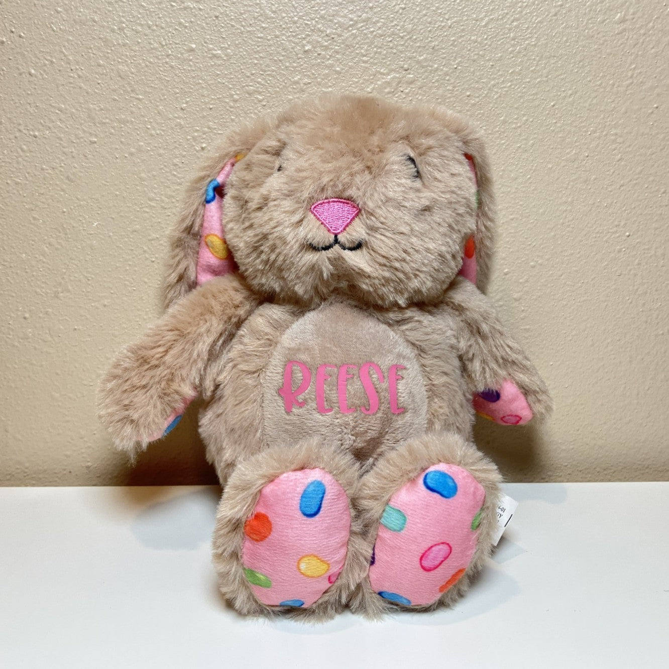 Personalized Bunnies 11", Multiple options available, light tan with pink jellybeans, pink name