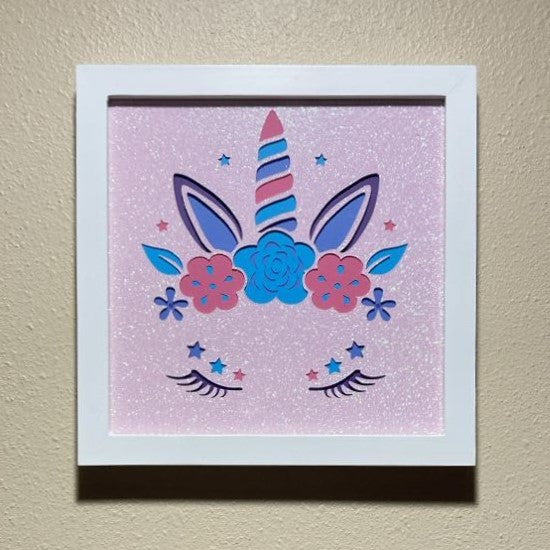 Layered Unicorn Face with Glitter, framed 8"x8"