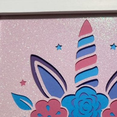 Layered Unicorn Face with Glitter, framed 8"x8", close up
