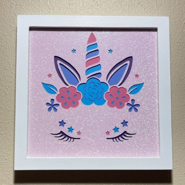 Layered Unicorn Face with Glitter, framed 8"x8"