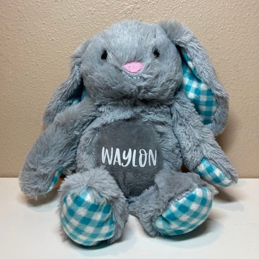 Personalized Bunnies 11", Gray with blue gingham