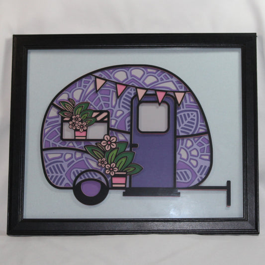 purple retro camper, layered art