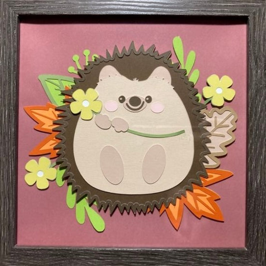 Hedgehog with leaves and flowers, Layered Art Shadow Box, close up