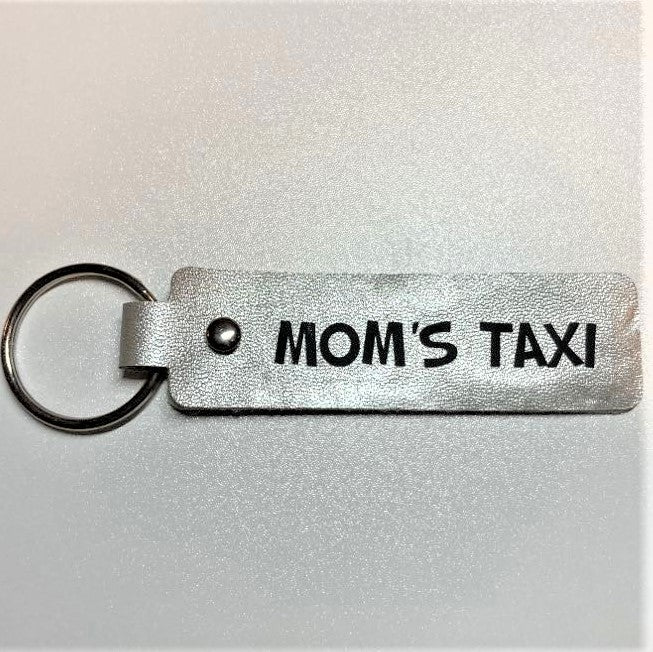 Parent Themed Key fobs, Faux Leather, Mom's Taxi silver/black