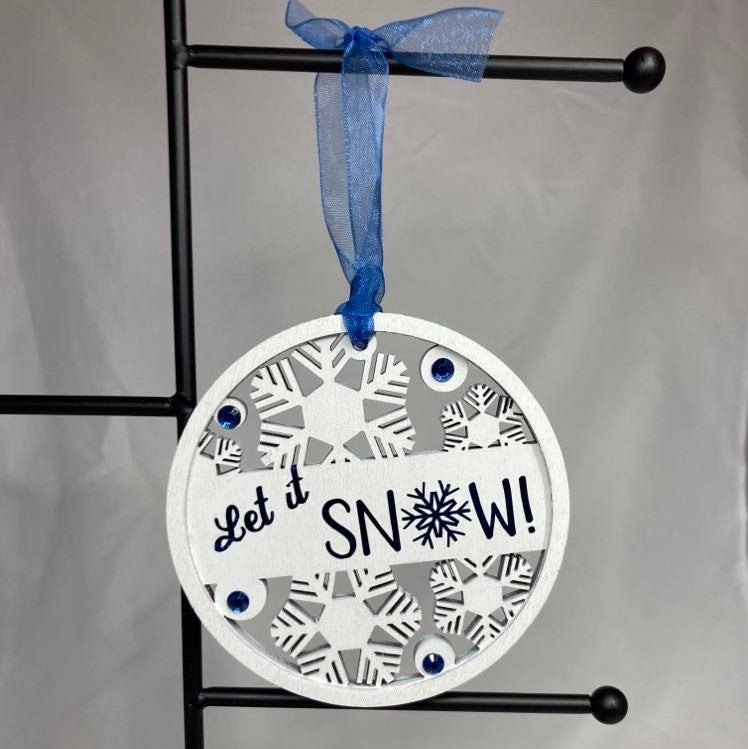 4" Wood Round Christmas Ornaments, Let It Snow