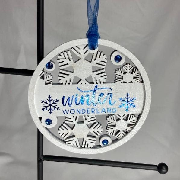 4" Wood Round Christmas Ornaments, blue shimmer