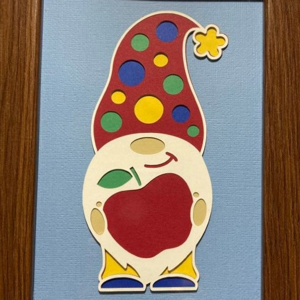 School Gnome with Apple - 5" x 7" Layered Art, close up